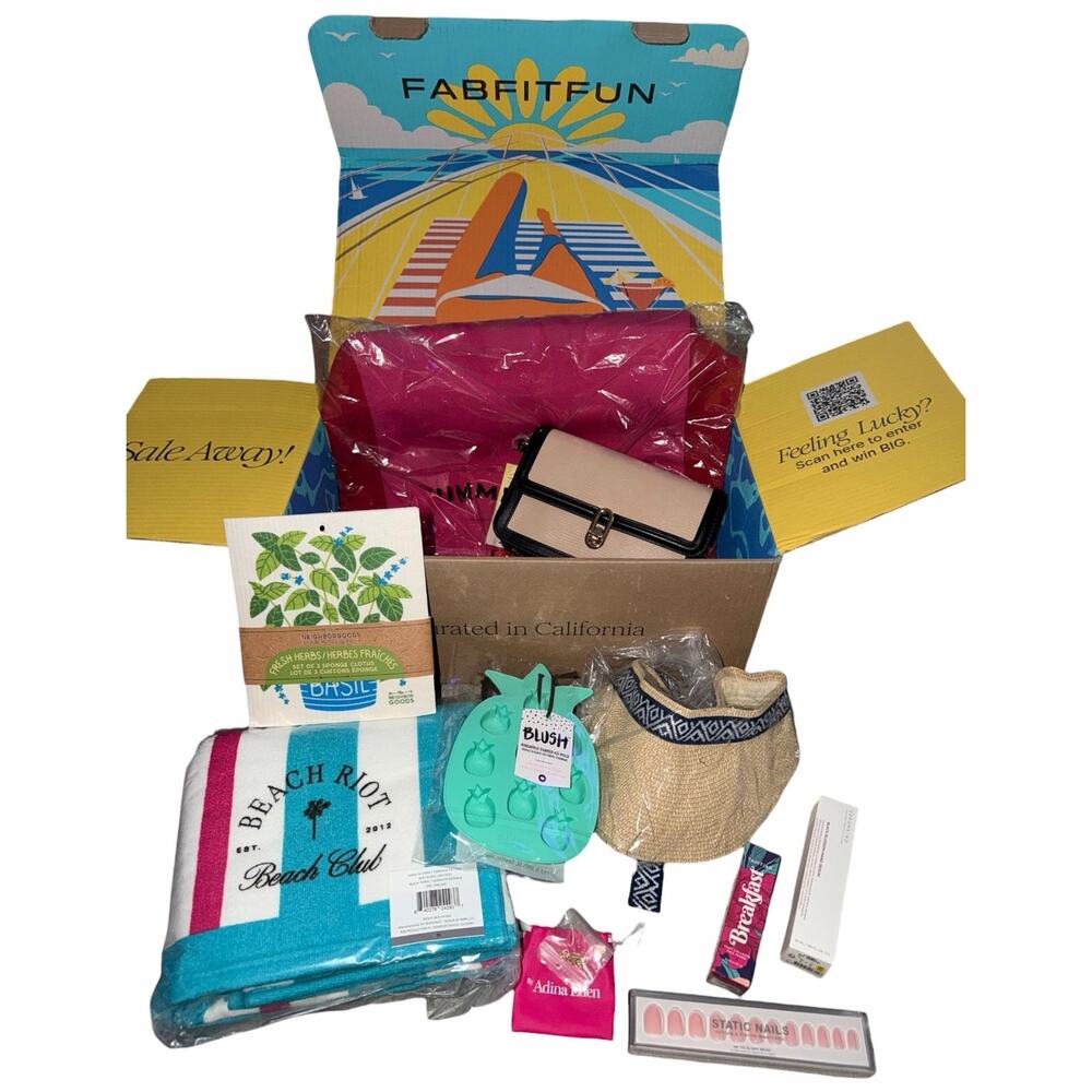New FabFitFun Box Items Tote Bag Purse Crossbody Hat Visor Bracelet Beach Towel